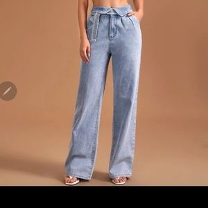 High-Waisted Light Wash Foldover Waist Belted Bagg